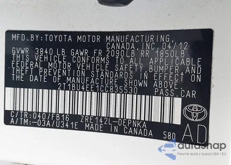 2012 Toyota Corolla Le из США, поврежденный, VIN 2T1BU4EE1CC835530